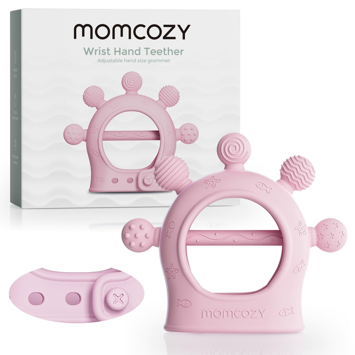 Momcozy pink silicone baby teether soothing gums on contact