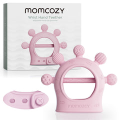 Momcozy pink silicone baby teether soothing gums on contact