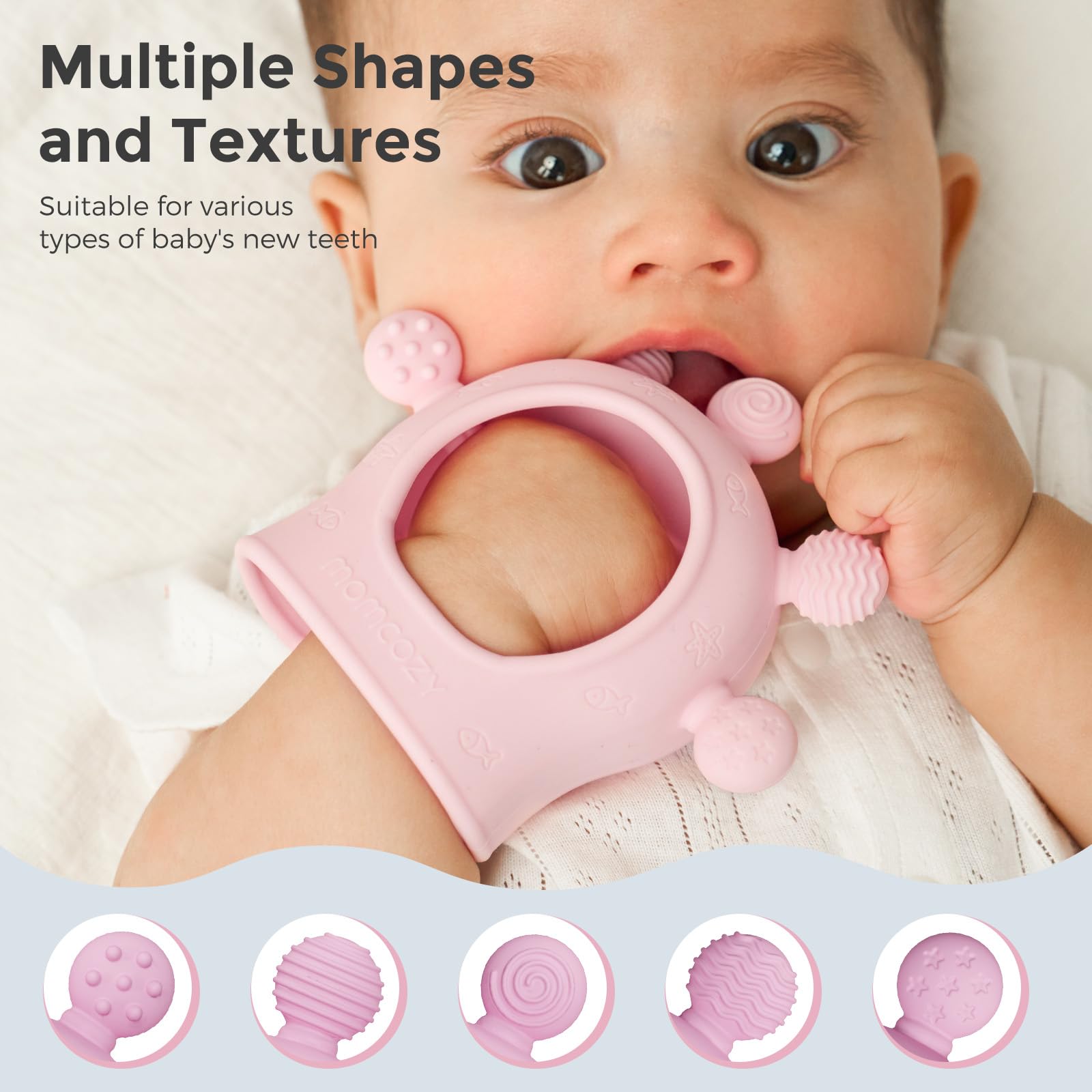 Momcozy teether textures image highlights multiple bite points for soothing gums