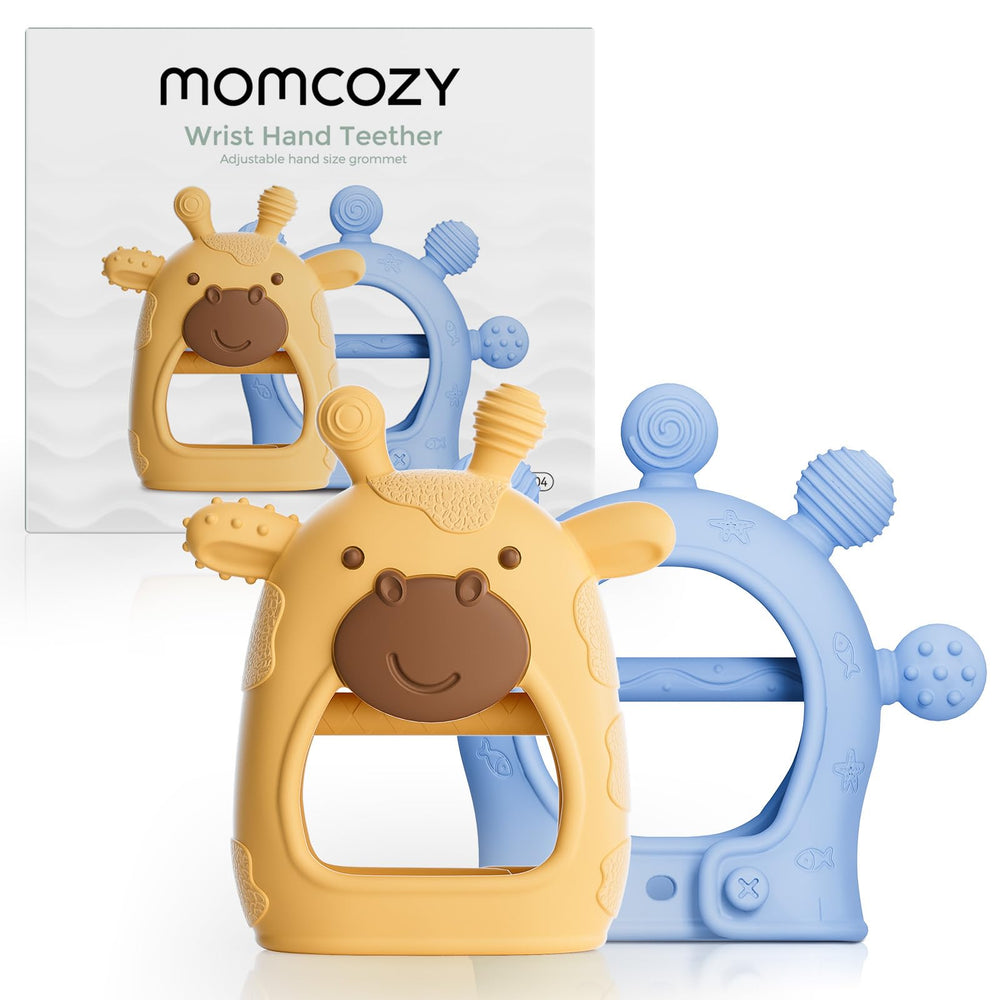 Momcozy baby teether yellow close-up shows soft silicone texture for soothing gums