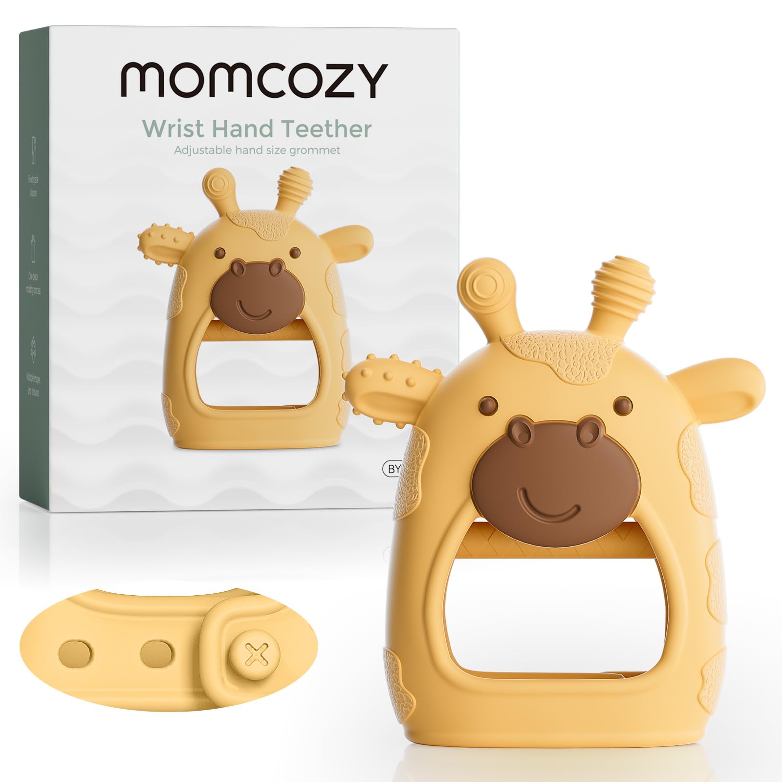 Momcozy baby teether yellow closeup promotes gentle gum soothing with silicone texture