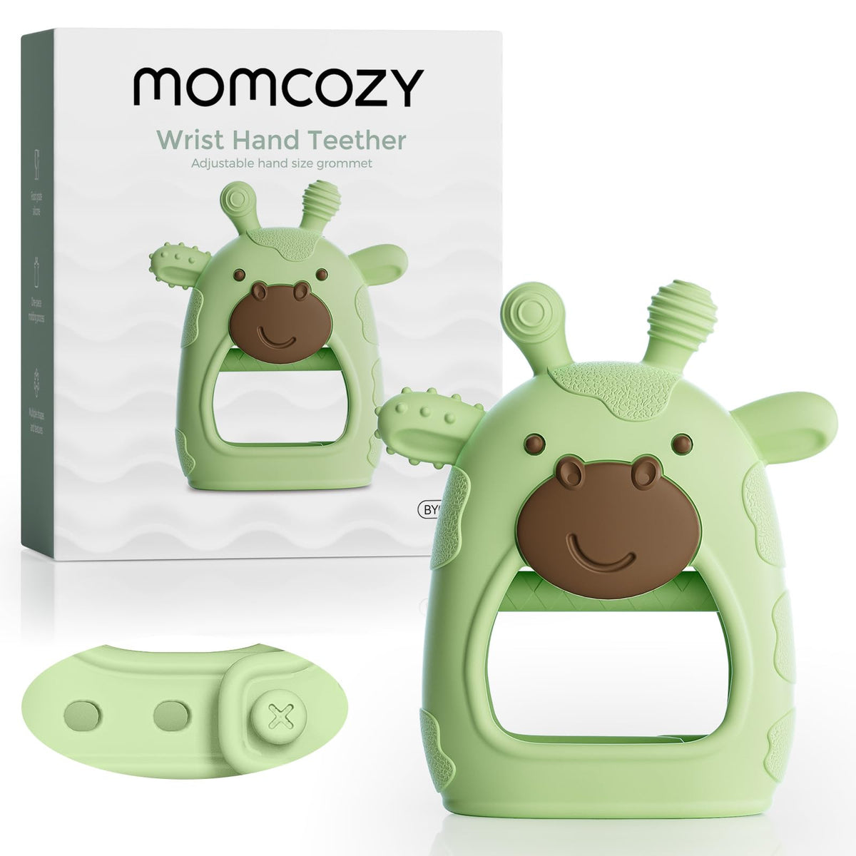 Momcozy baby teether yellow front view for gentle gum relief.