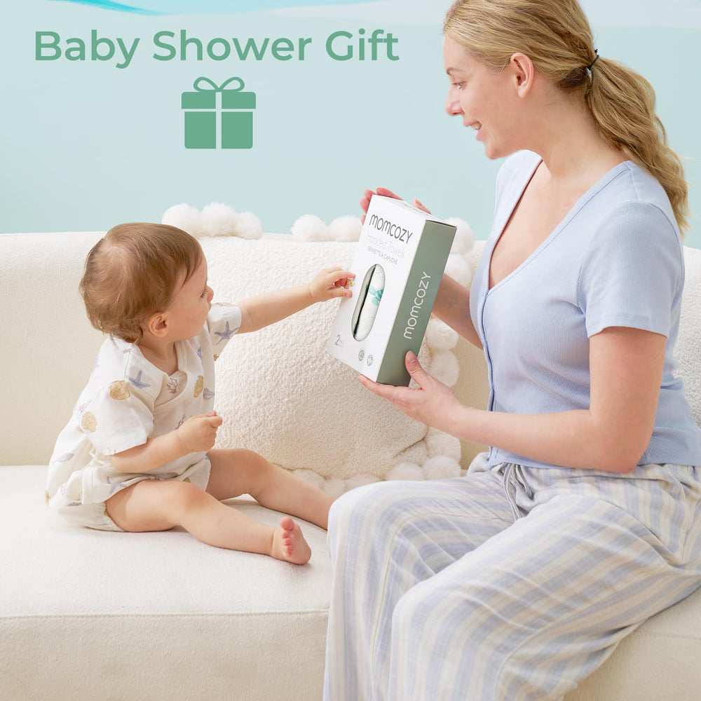 Momcozy towel with bamboo-viscose and cotton blend for quick-dry absorbency.