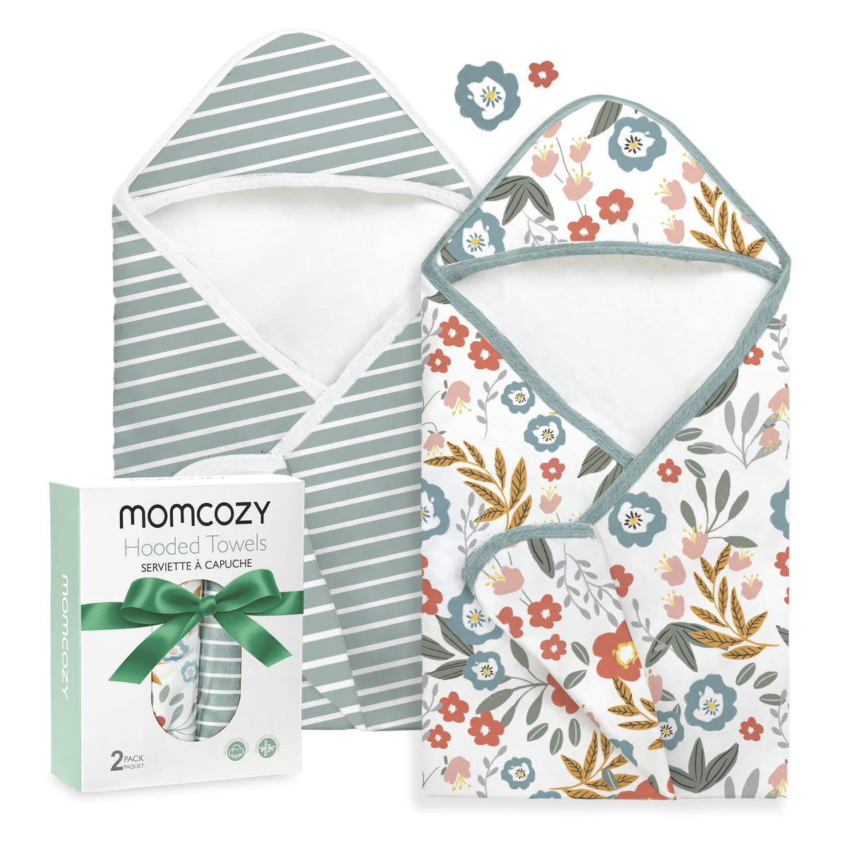Momcozy baby towel hooded 2-pack front view shows soft, absorbent bath towels for newborns