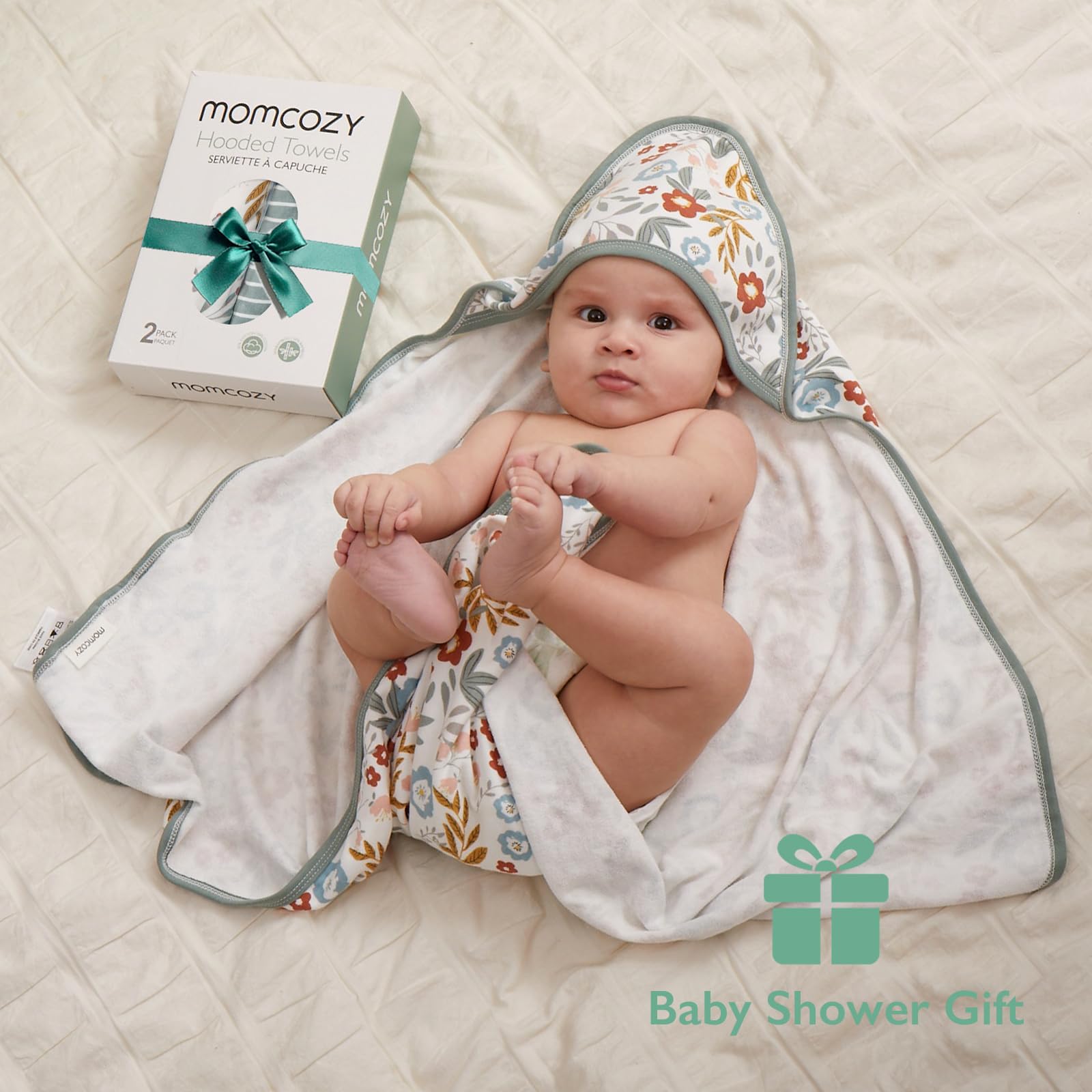 Momcozy hooded towel 2-pack size comparison illustrates generous coverage