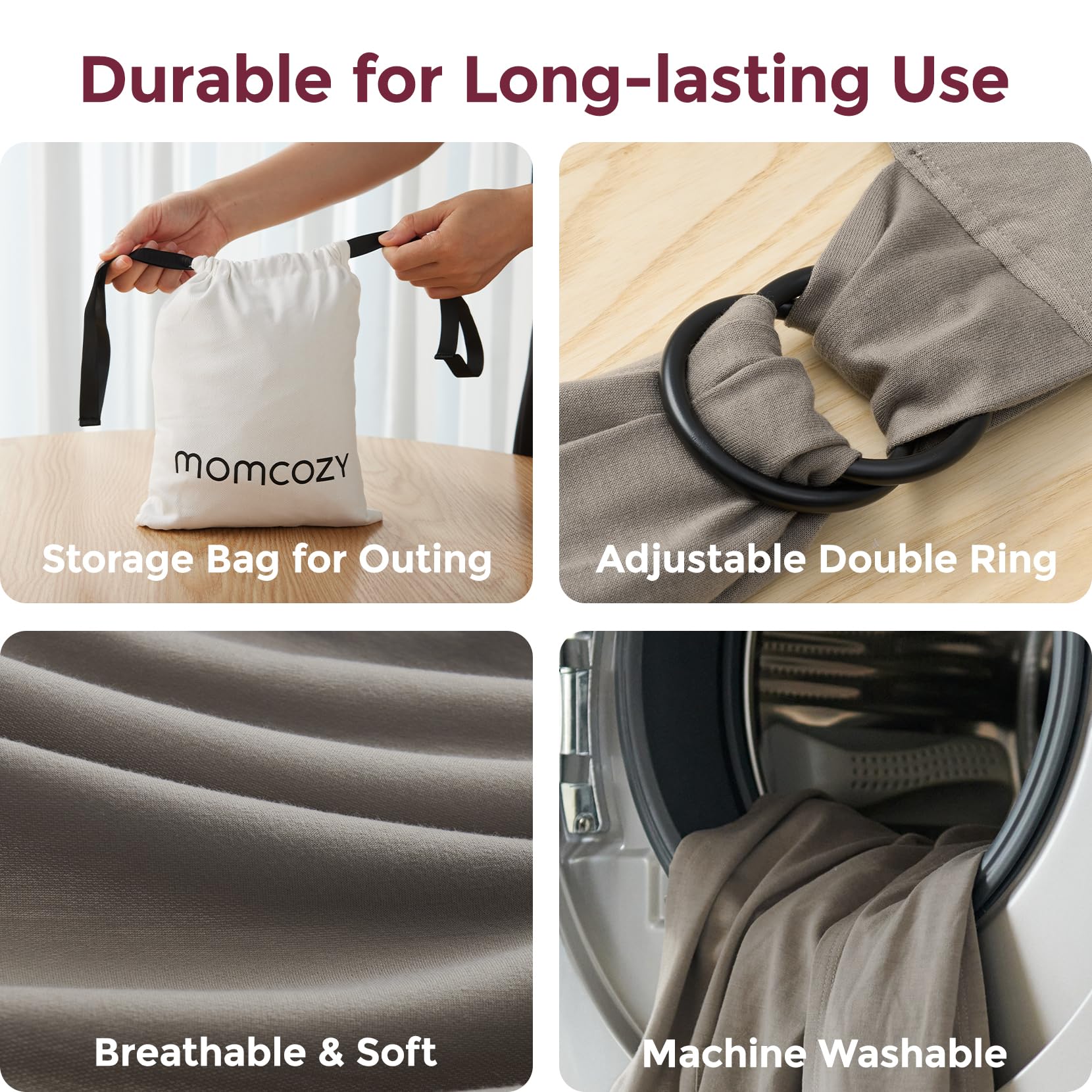 Momcozy brown wrap is simple to put on like a tee for quick wearing.
