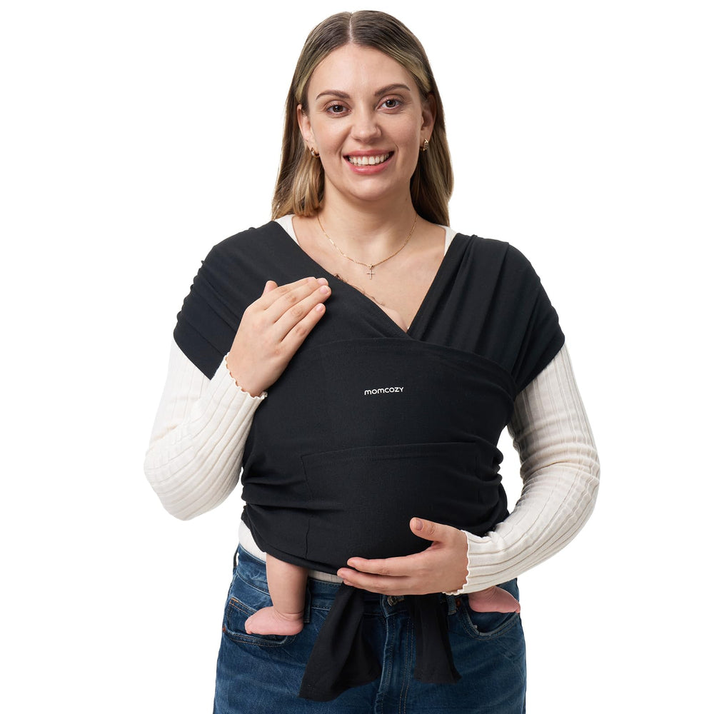 Momcozy baby wrap carrier adjustable size fits from XXS to XXL for all caregivers.