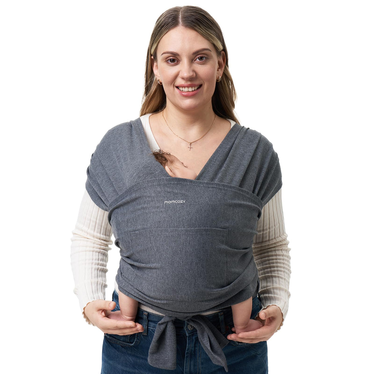 Momcozy Baby Wrap Carrier ergonomic-design supports comfortable carrying.