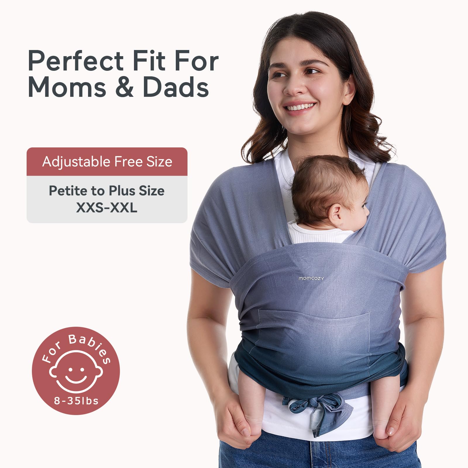 Momcozy baby wrap in ergonomic hip-sit position supports baby.