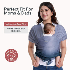 Momcozy baby wrap in ergonomic hip-sit position supports baby.