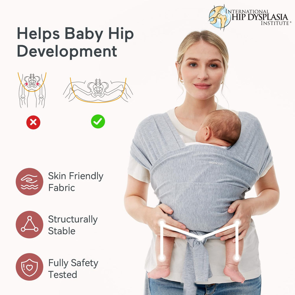 Momcozy wrap grey with baby in carry position highlights ergonomic hip alignment