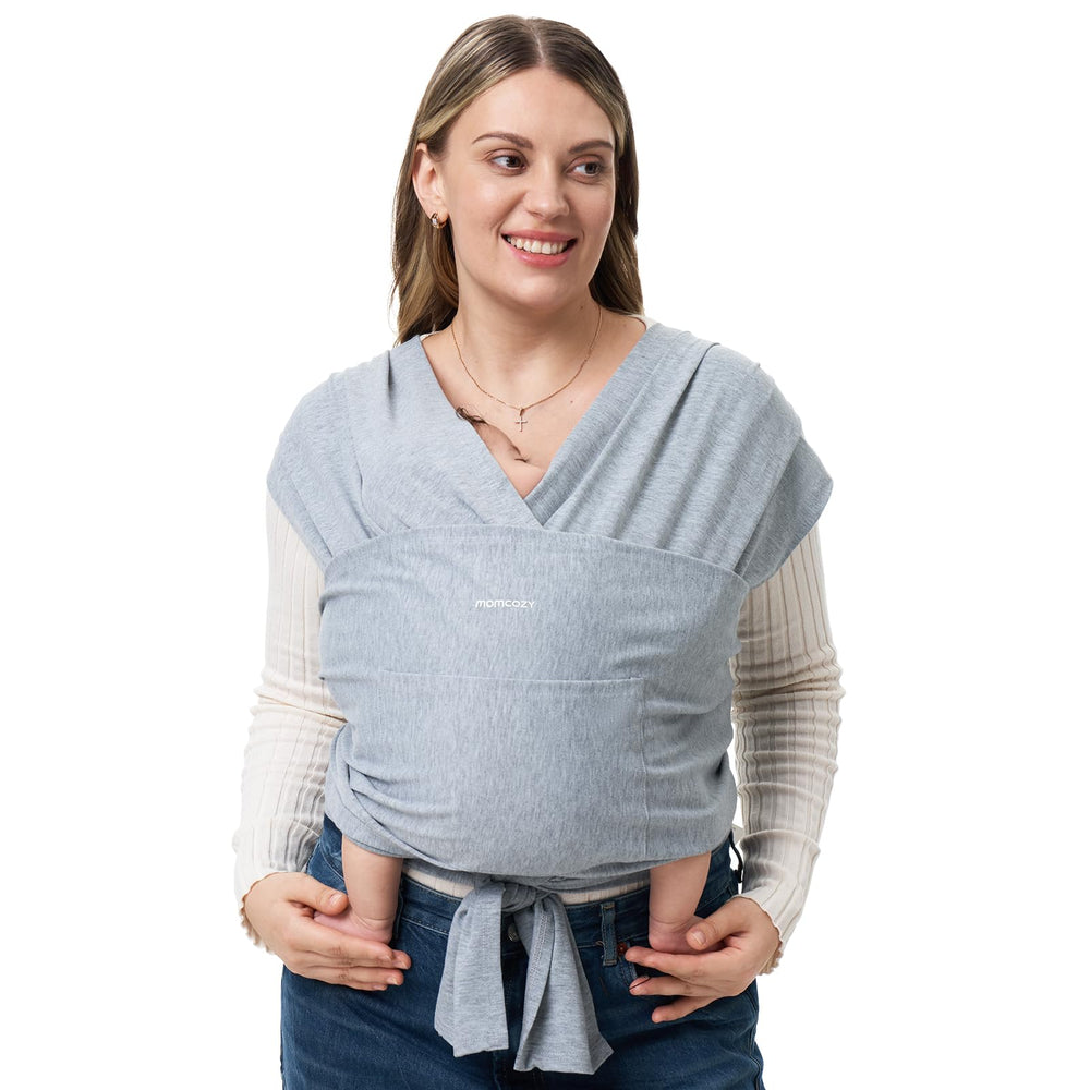 Momcozy baby wrap grey front view shows easy-wear design for hands-free comforting during strolls