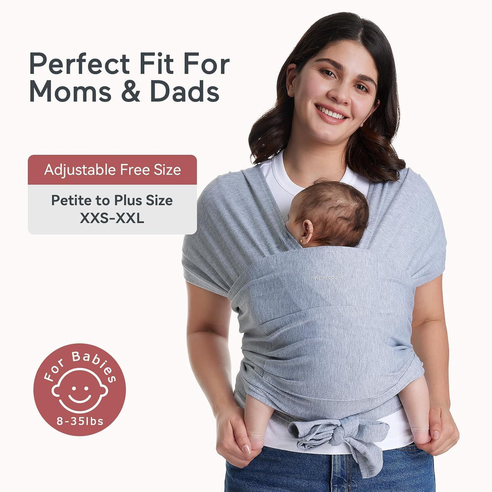 Momcozy wrap grey shows one-handed wear for quick on/off during daily tasks