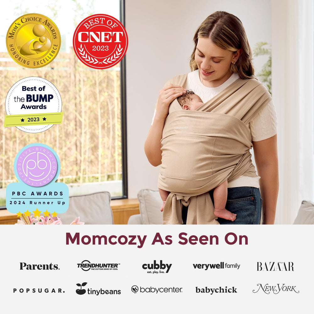Momcozy Baby Wrap Light Curry breastfeeding-privacy scene illustrates discreet nursing on the go.