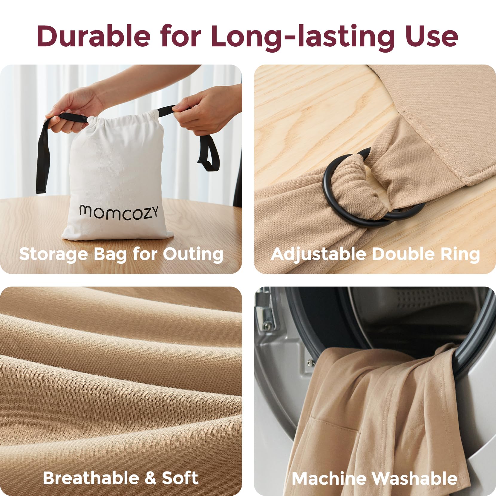 Momcozy Baby Wrap Light Curry one-hand-application captures simple setup for busy parents.