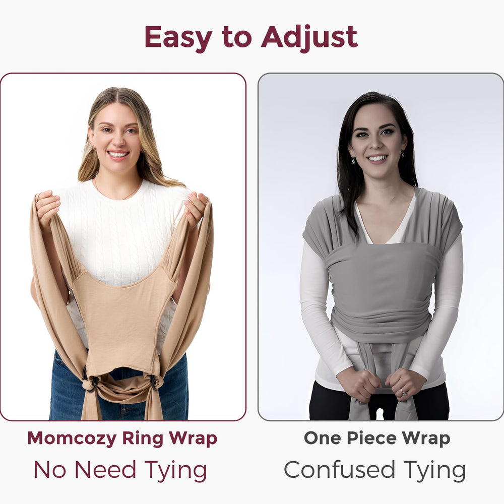 Momcozy Baby Wrap Light Curry tshirt-style wear showcases easy on-and-off with one-handed adjustments.