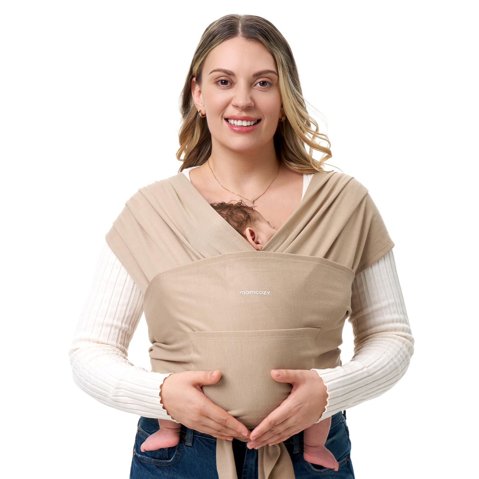 Momcozy Baby Wrap Carrier Light Curry worn for comfortable bonding.