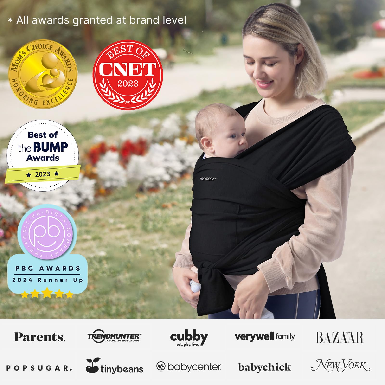 Momcozy baby wrap carrier easy to wear with one hand for quick on-the-go use.