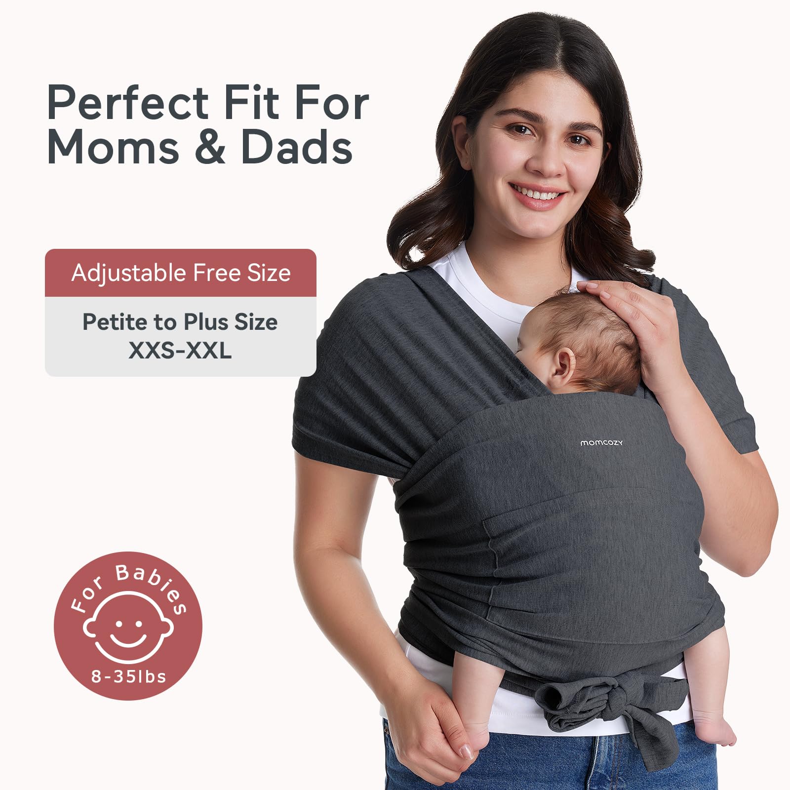 Momcozy Baby Wrap skin-friendly-fabric emphasizes breathable, gentle touch.