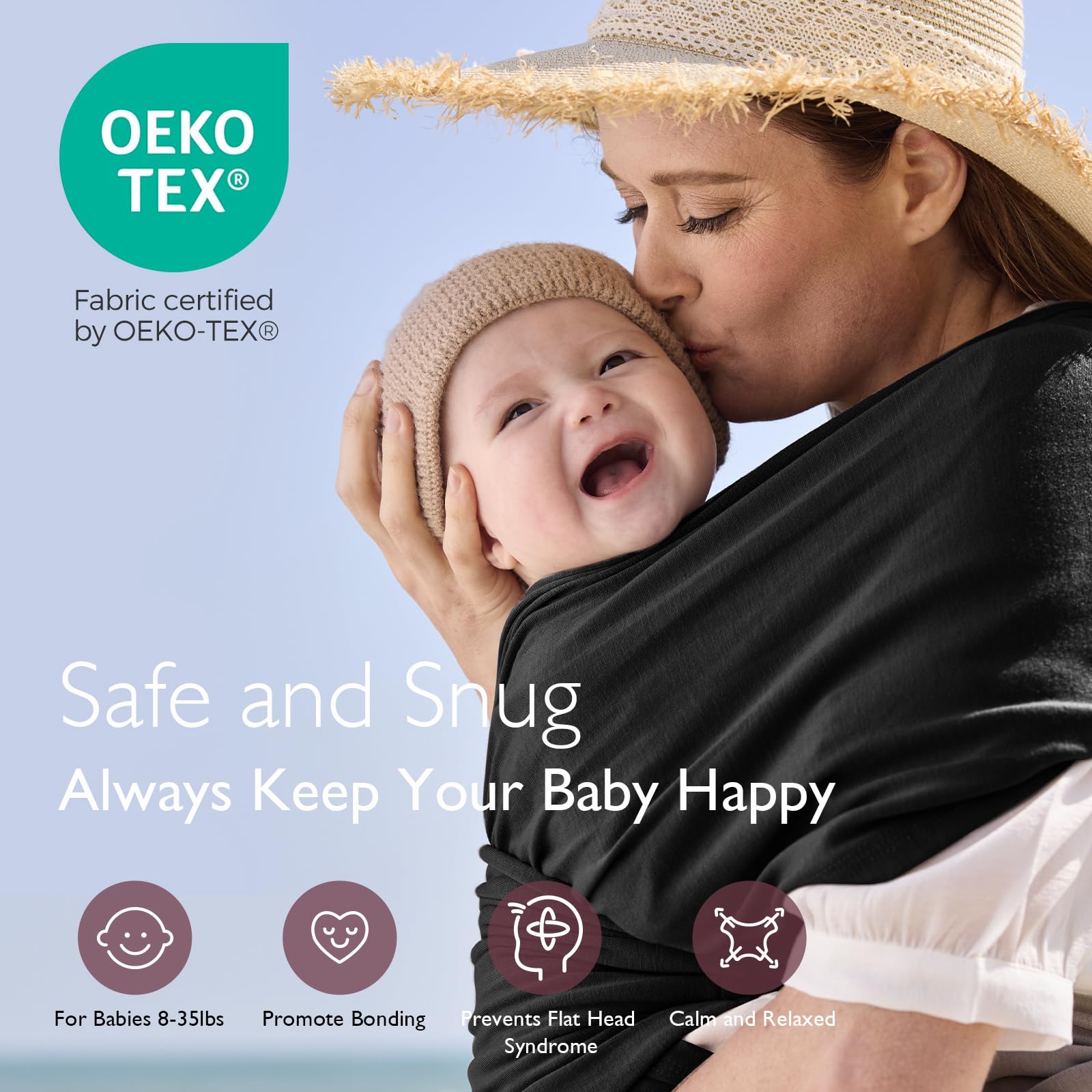 Momcozy baby wrap carrier evenly distributes weight reducing shoulder and back strain.
