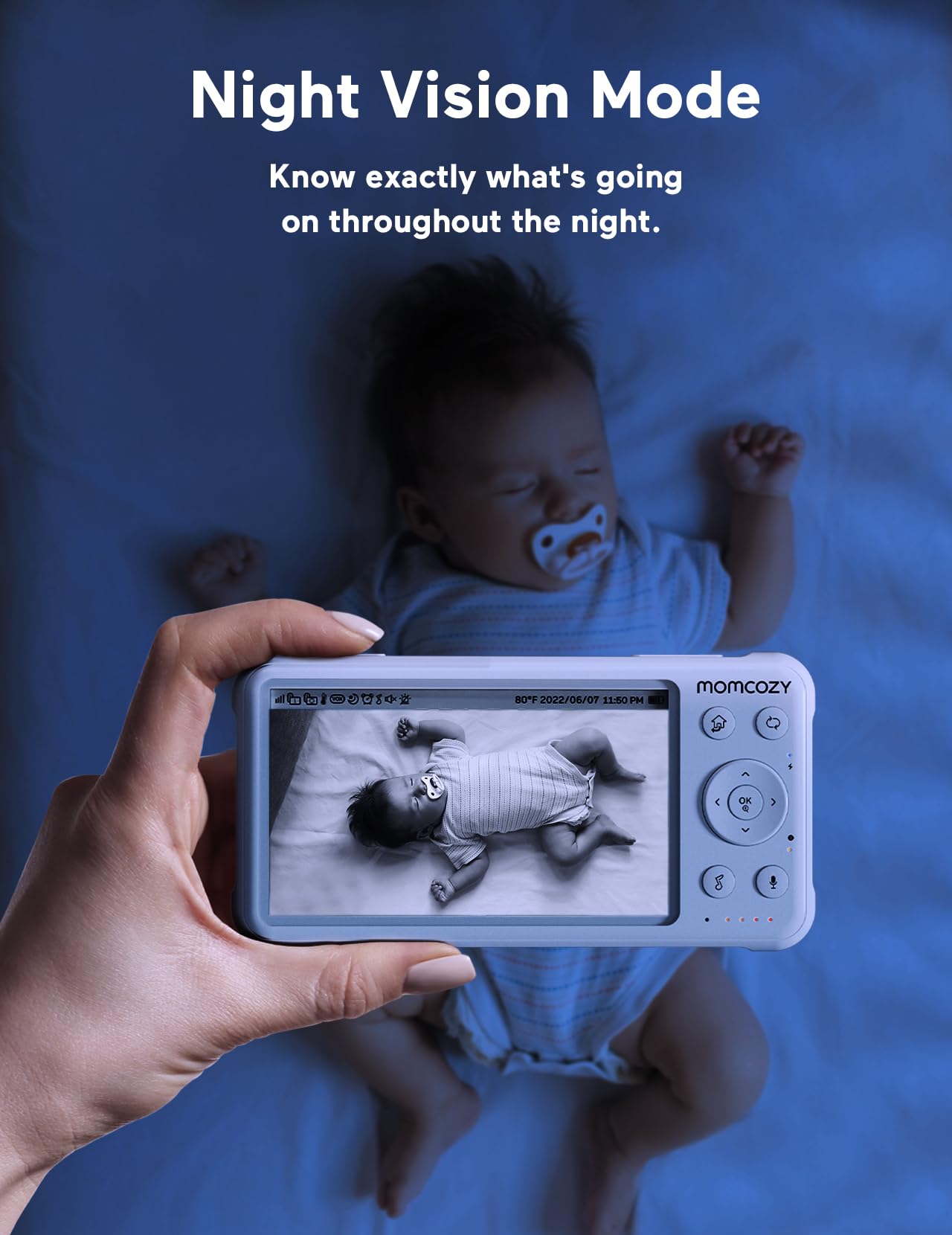 Momcozy 5000mAh battery lasts through the night during checks.