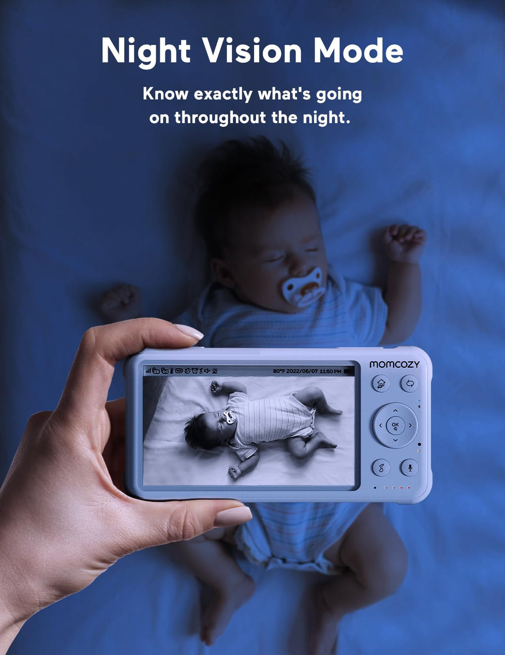 Momcozy 5000mAh battery lasts through the night during checks.
