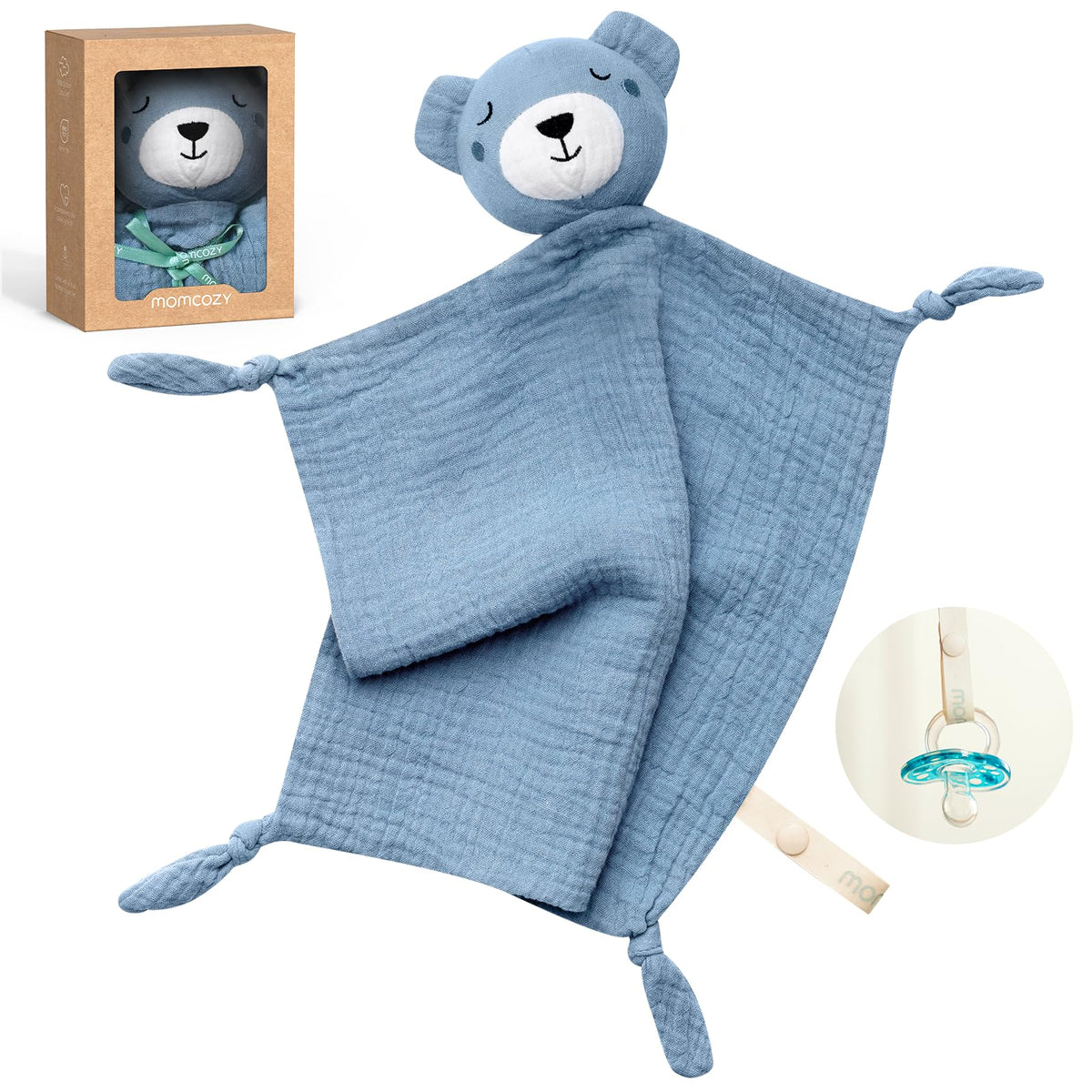 Momcozy Bear Lovey head detail provides gentle cuddles for baby naps.