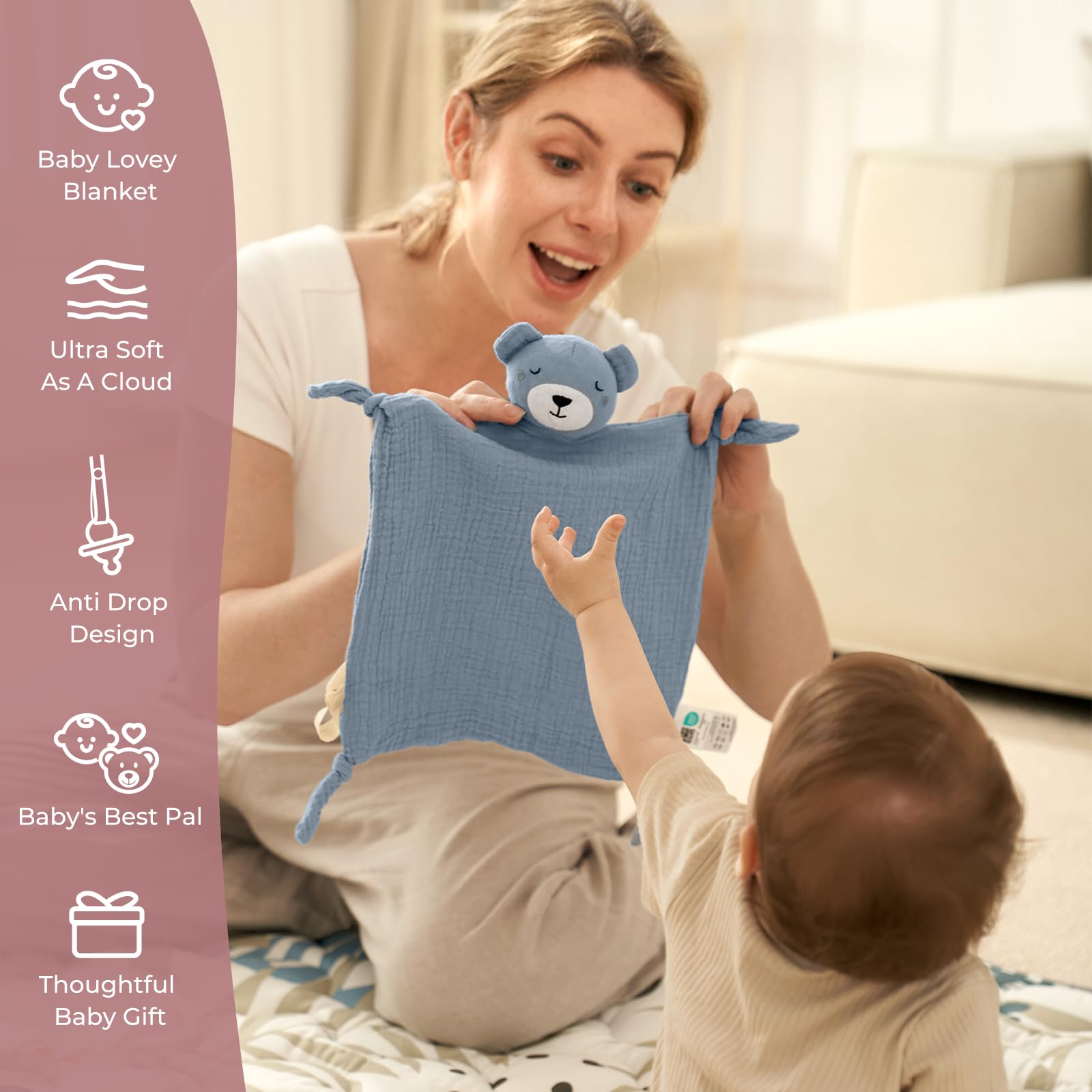 Momcozy Bear Lovey four knotted corners invite tiny hands to explore.