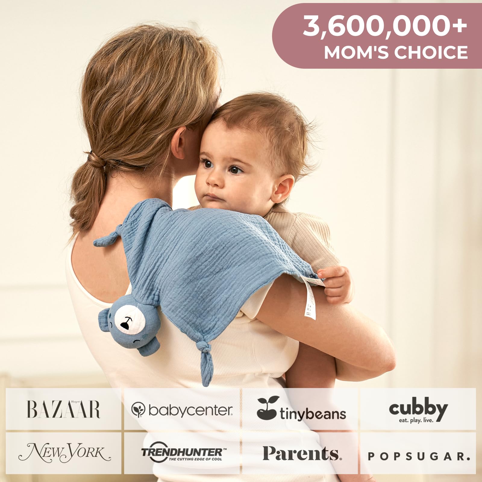 Momcozy Bear Lovey soft cotton resists pilling for durable snuggles.