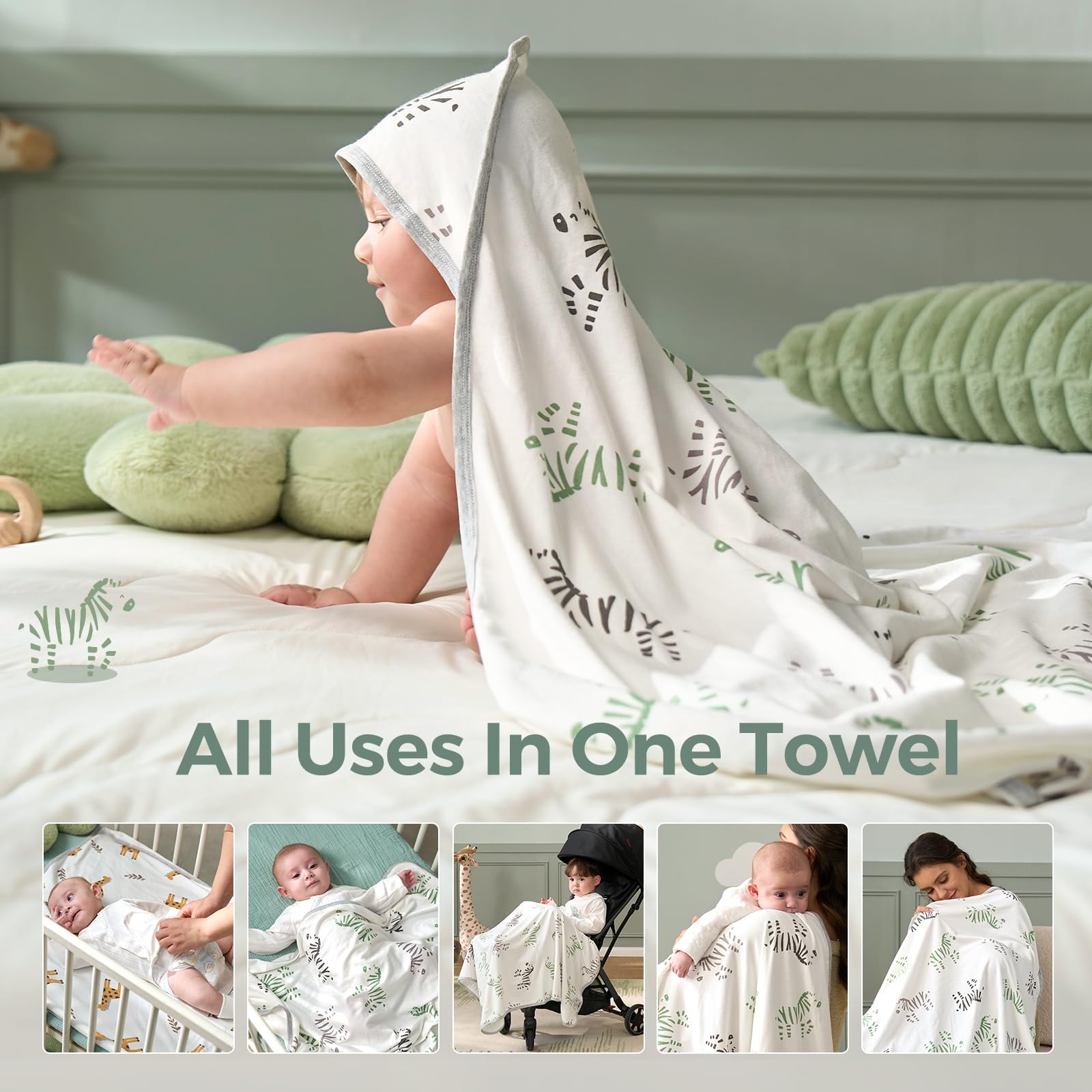 Momcozy Best Wishes hooded towel vibrant patterns for baby's visual interest
