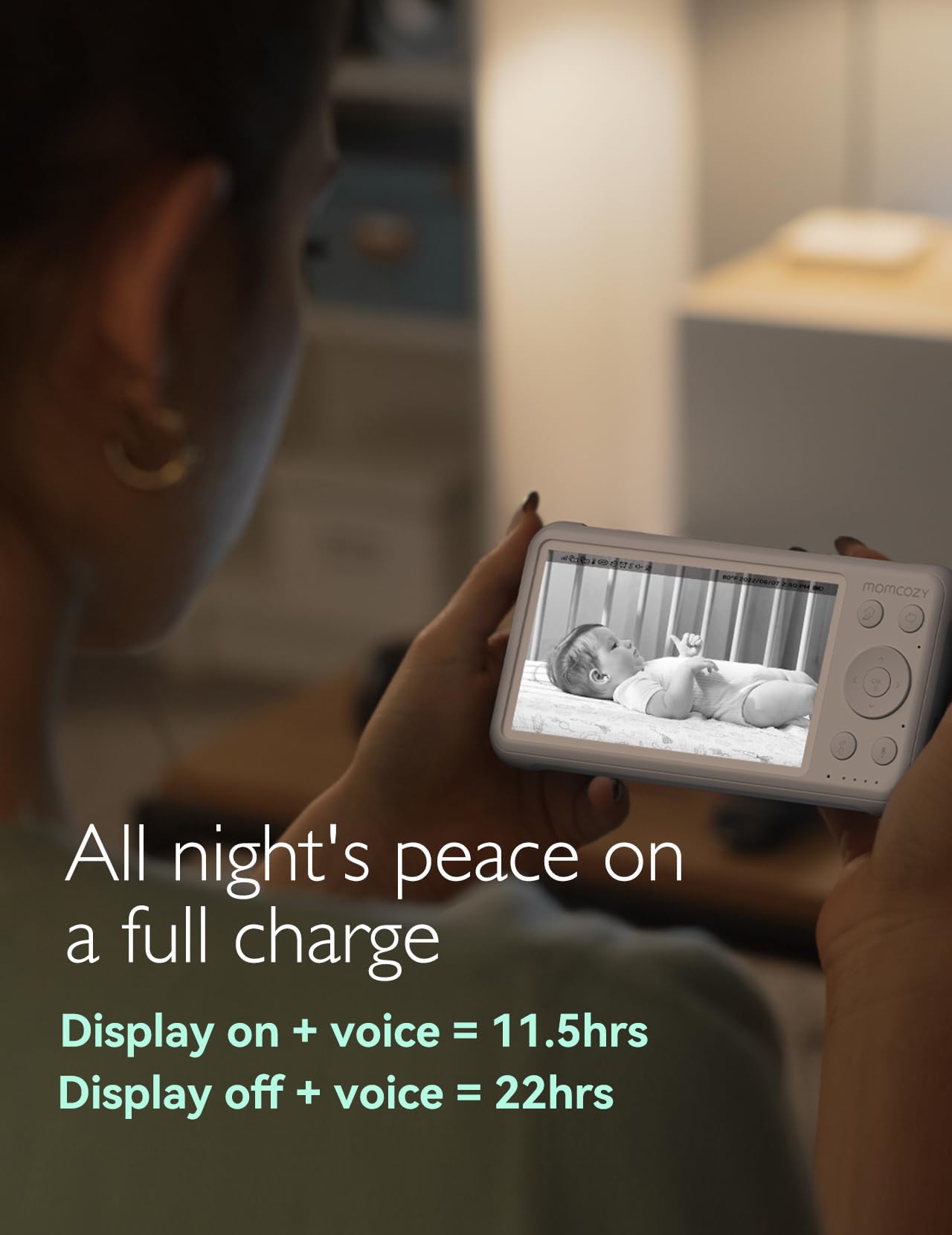 Momcozy BM01 5000mAh battery powers all-night monitoring.