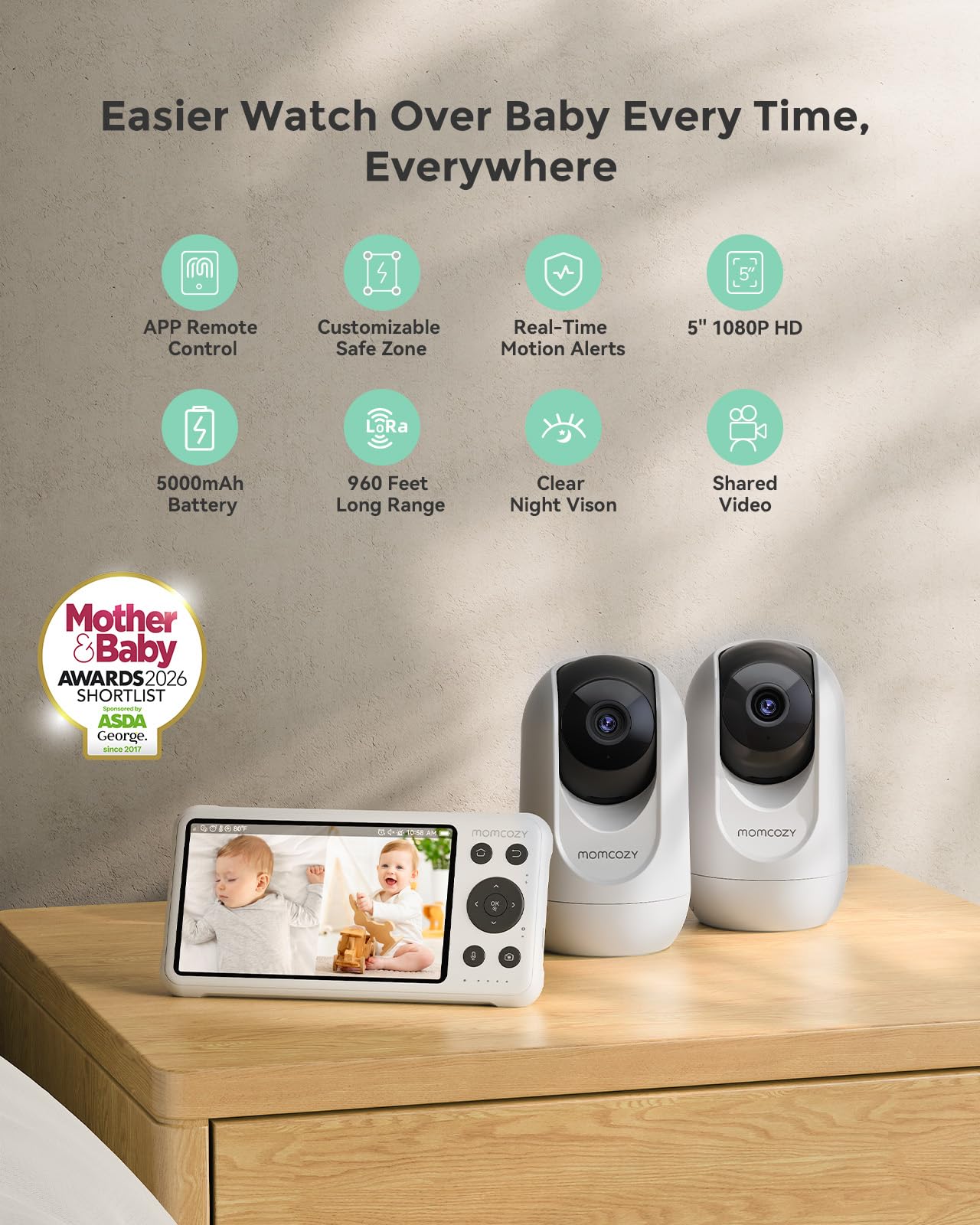 Momcozy BM04 dual-camera setup demonstrates simultaneous room viewing