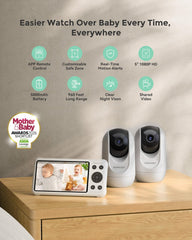 Momcozy BM04 dual-camera setup demonstrates simultaneous room viewing