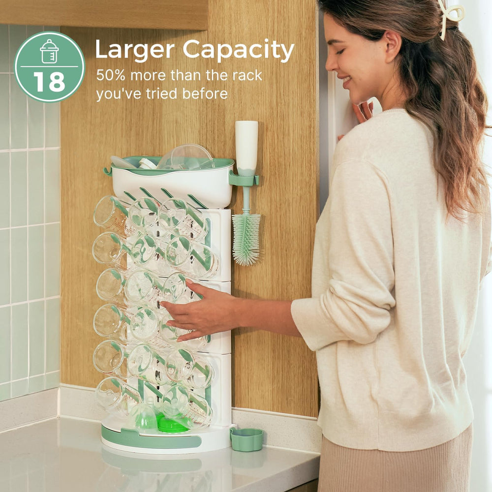 Momcozy bottle drying rack showing nipples and pump-parts area for easy access