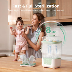 Momcozy bottle sterilizer and dryer shows 6-bottle capacity for busy feeding routines