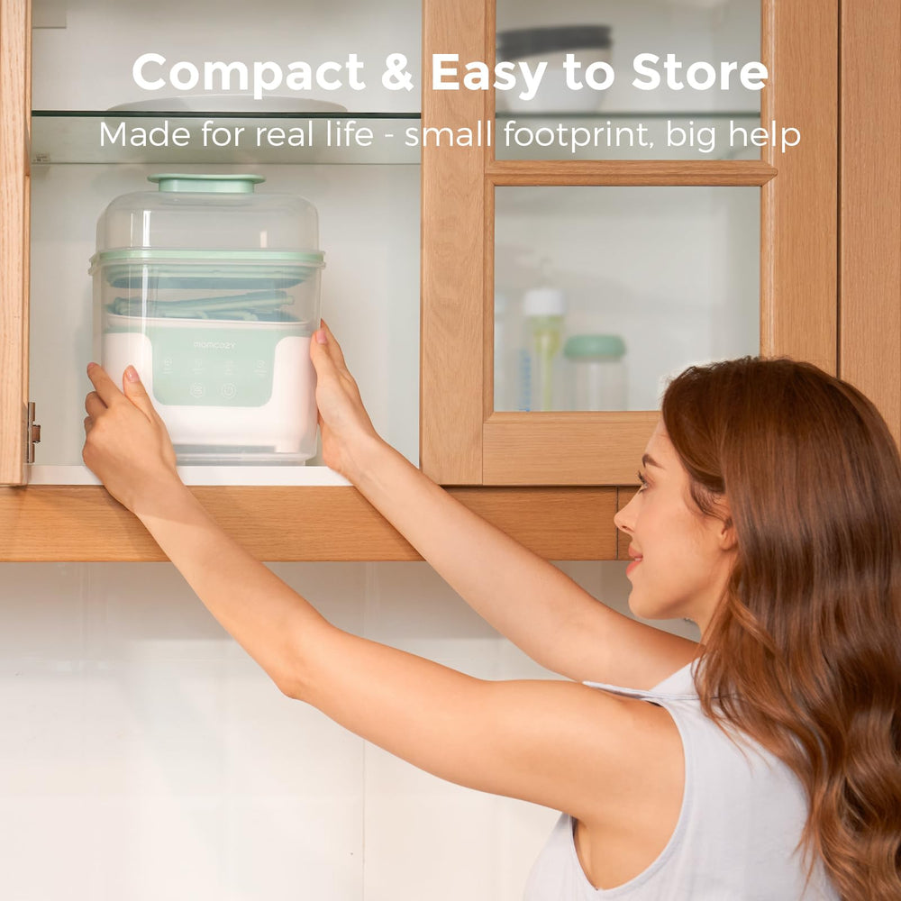 Momcozy bottle sterilizer and dryer demonstrates 8-minute sterilization for quick readiness