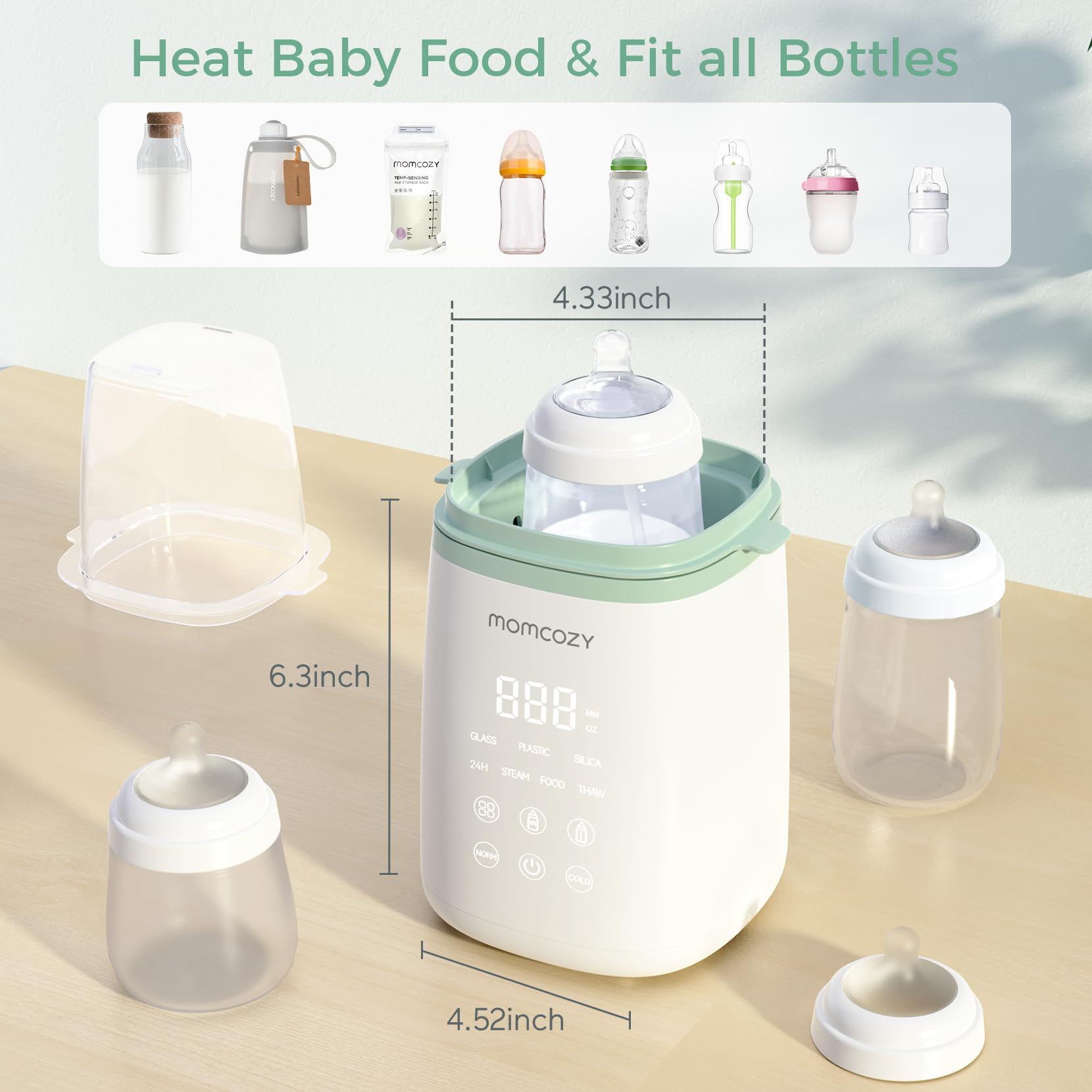 Momcozy Bottle Warmer fits all bottles visual shows diverse compatibility