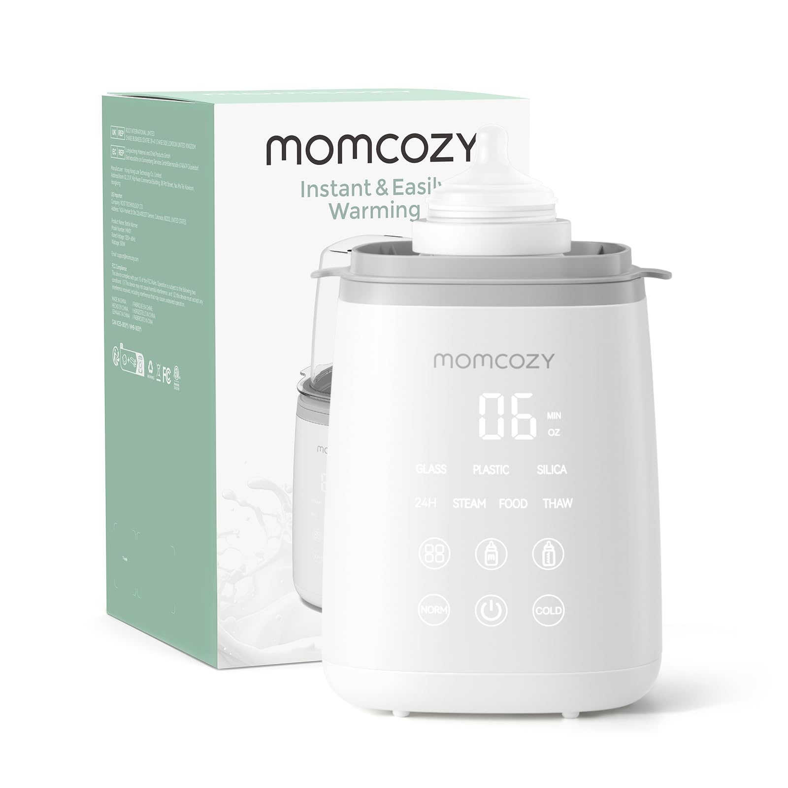 Momcozy Bottle Warmer demonstrates water-bath heating for gentle bottle warming.