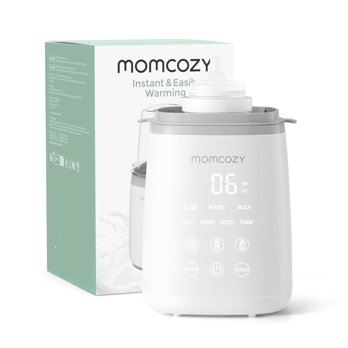 Momcozy Bottle Warmer demonstrates water-bath heating for gentle bottle warming.