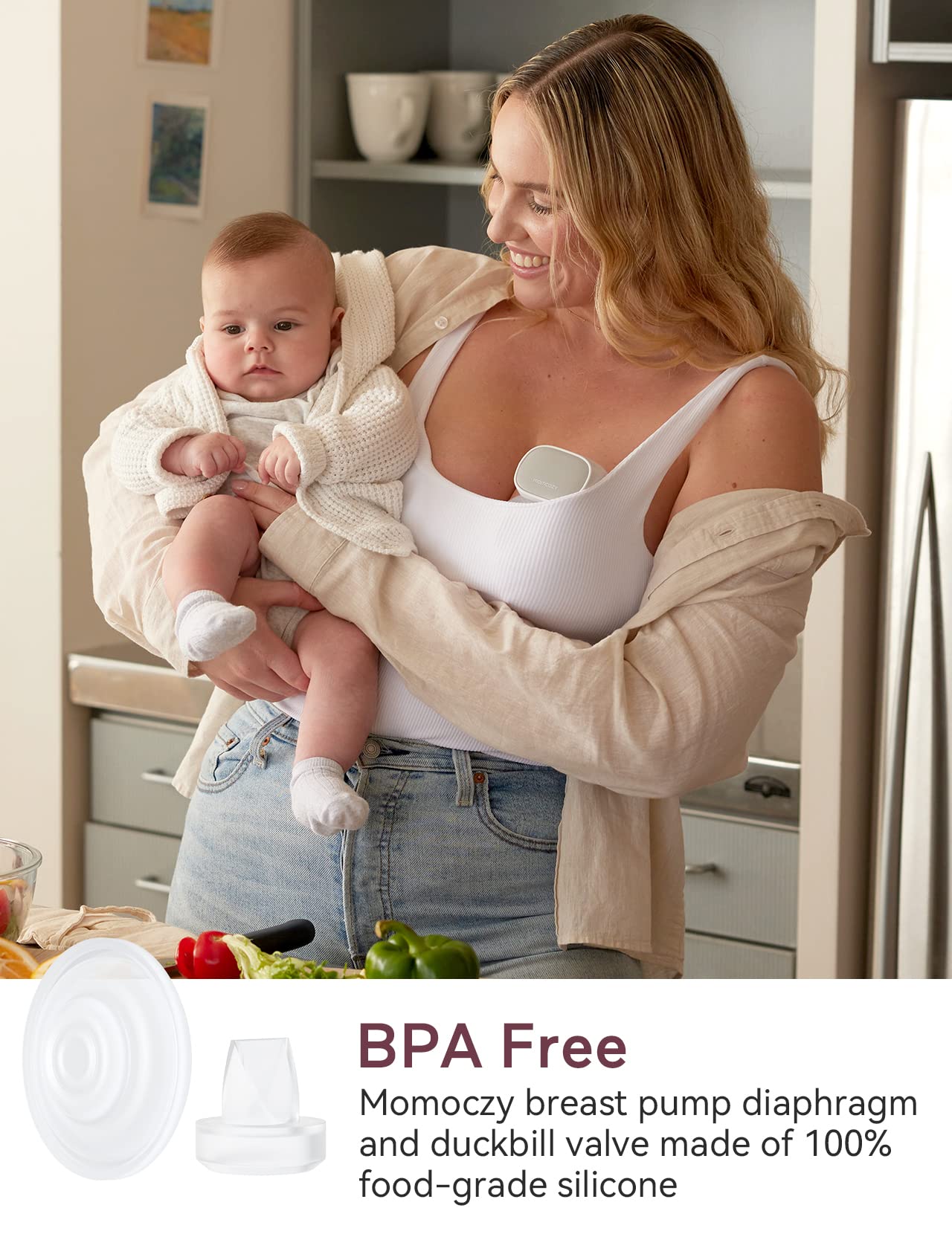 Momcozy BPA-free silicone components safe for breast milk contact and cleaning.