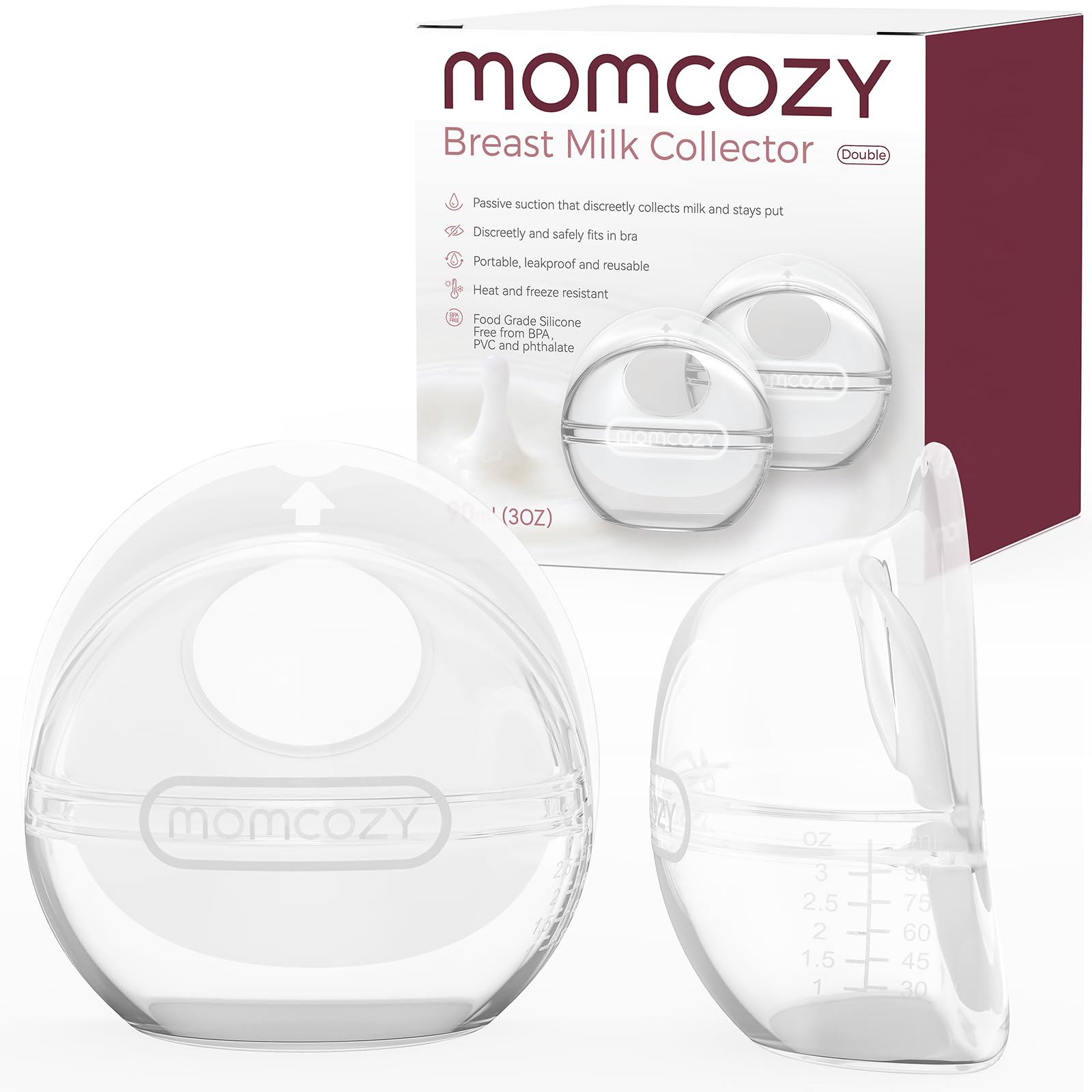 Momcozy breast milk collector silicone-shell captures milk discreetly during nursing.