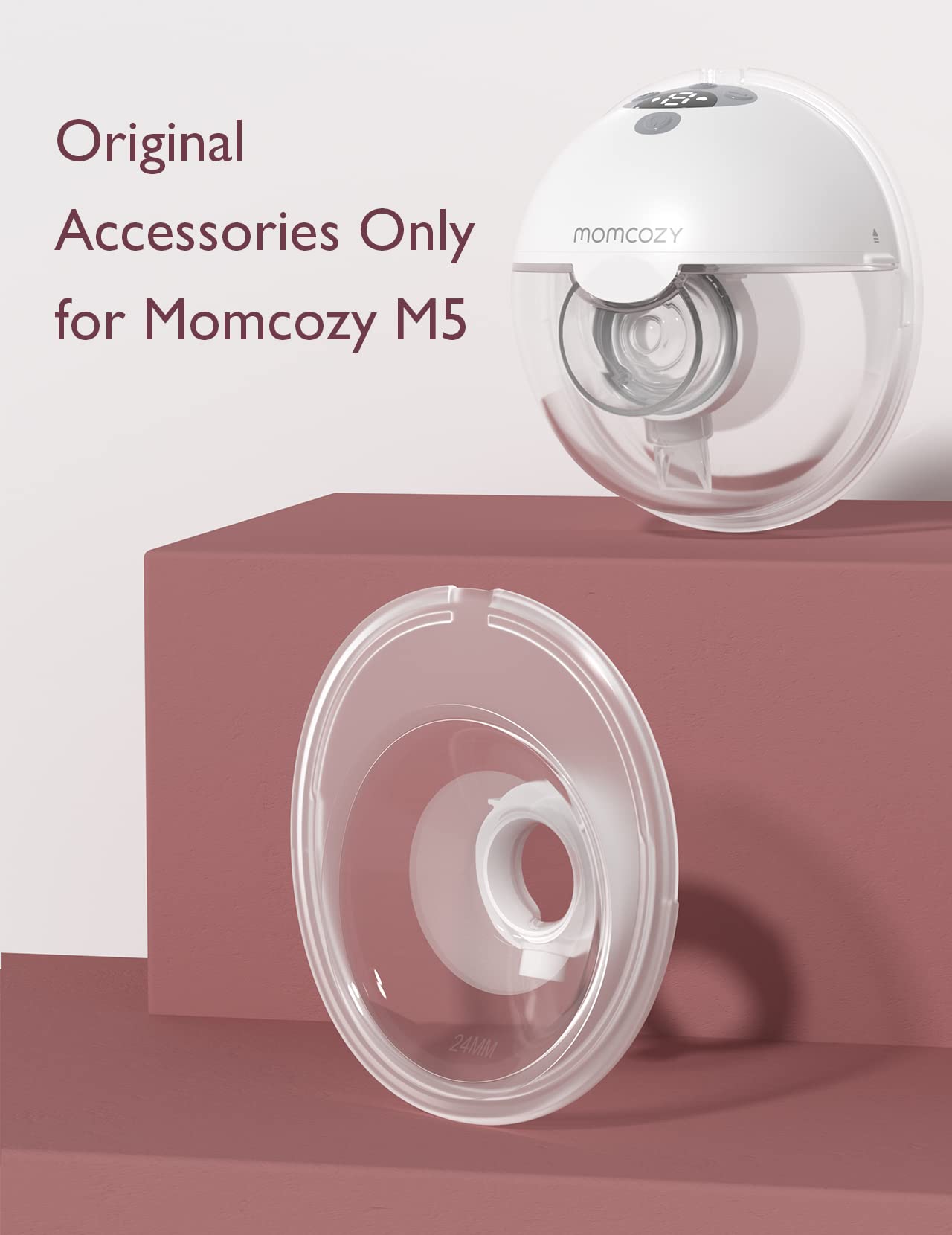 Momcozy breast pump flange assembly closeup for easy setup.