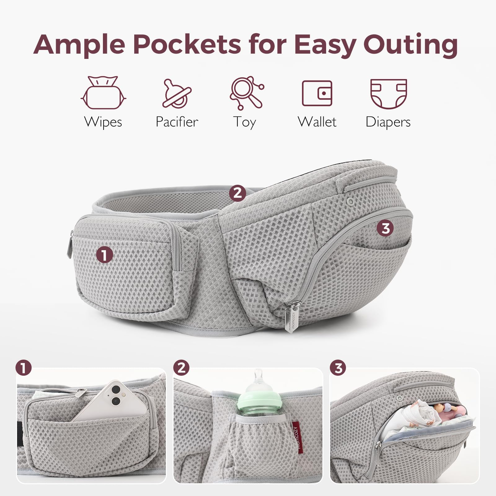 Momcozy breathable AirMesh fabric keeps wearer and baby comfortable.