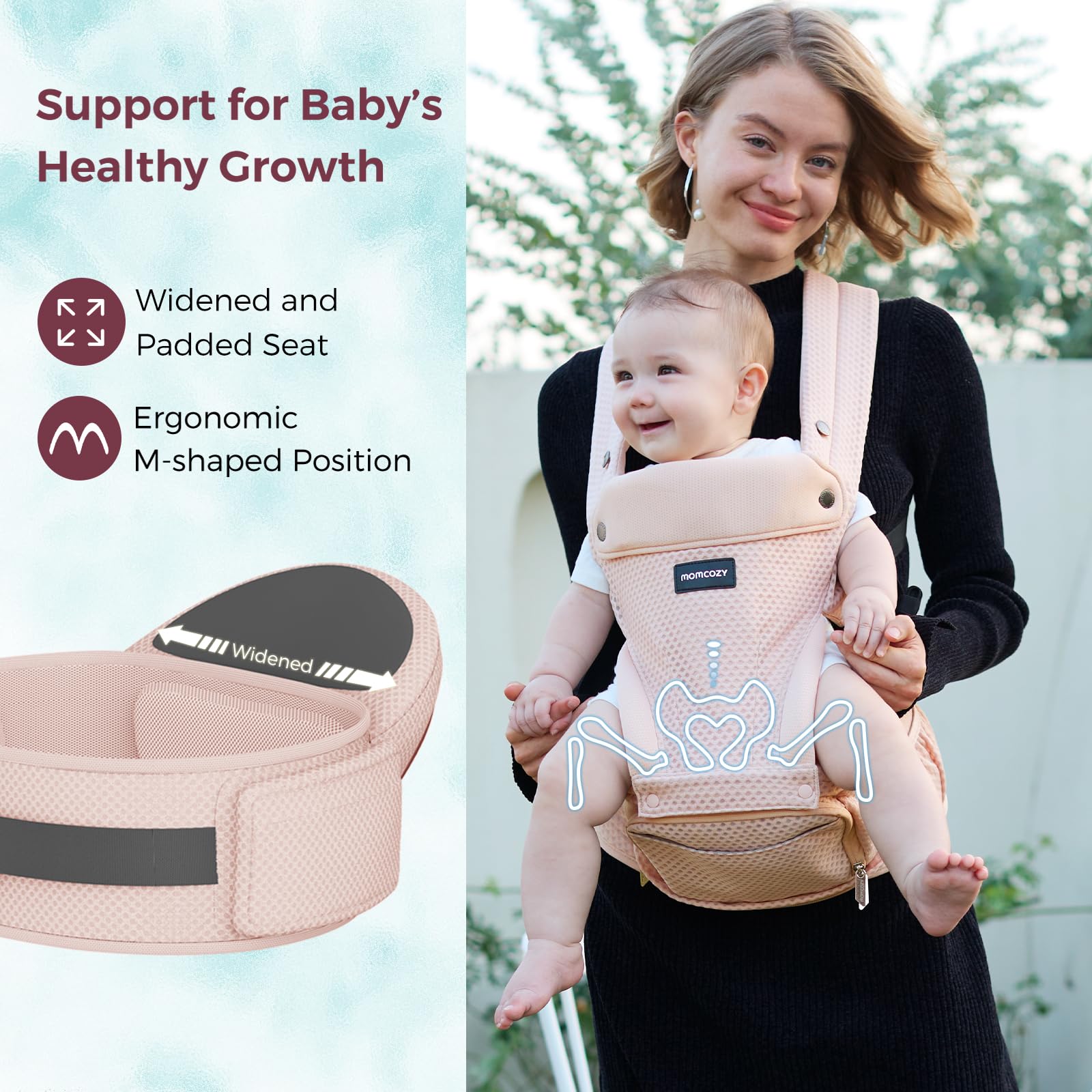 Momcozy breathable airmesh fabric keeps baby comfortable with improved airflow.