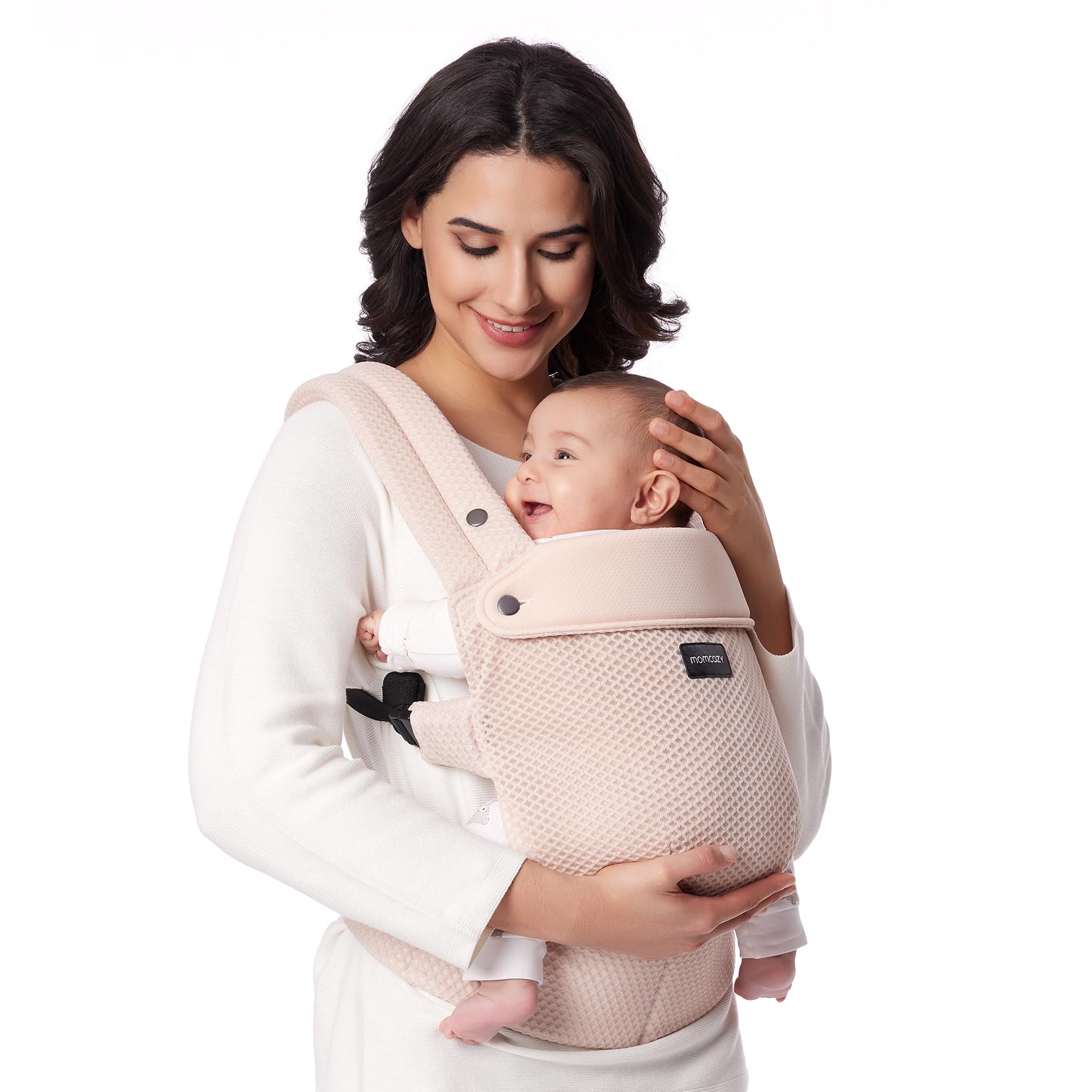 Momcozy breathable mesh baby carrier with air mesh panel promotes cool, dry wear for parent and baby.