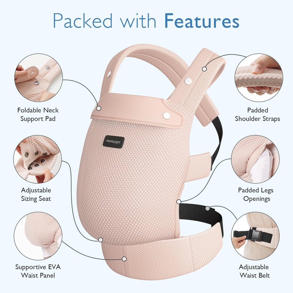 Momcozy breathable mesh baby carrier ergonomic X-back design distributes weight evenly.