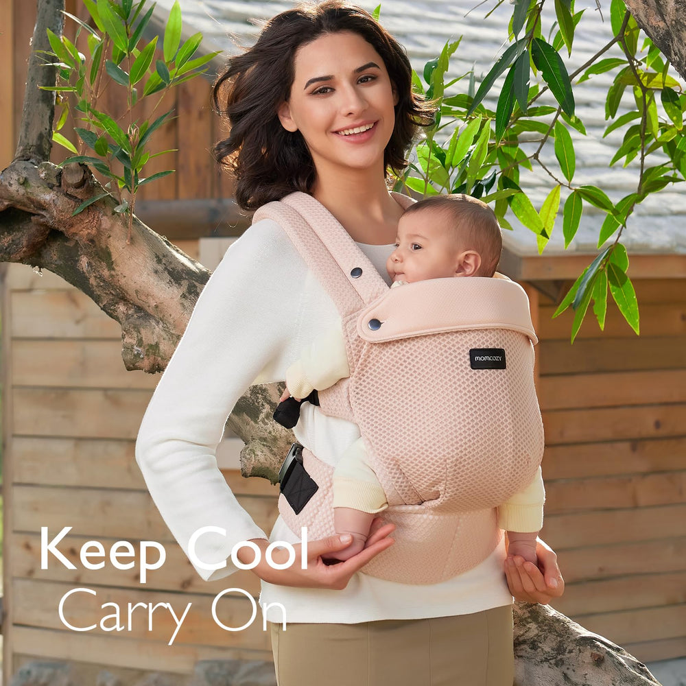 Momcozy breathable mesh baby carrier three-sized adjustment supports growing baby securely.