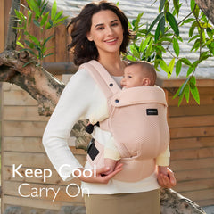 Momcozy breathable mesh baby carrier three-sized adjustment supports growing baby securely.