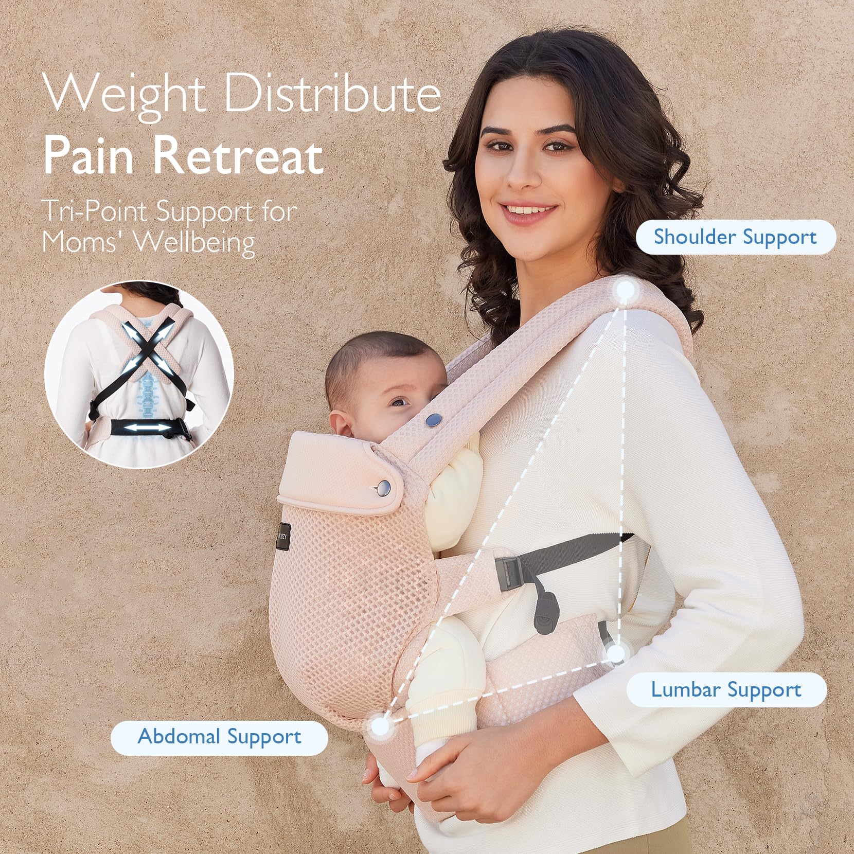Momcozy breathable mesh baby carrier padded shoulder straps provide comfortable all-day wear.
