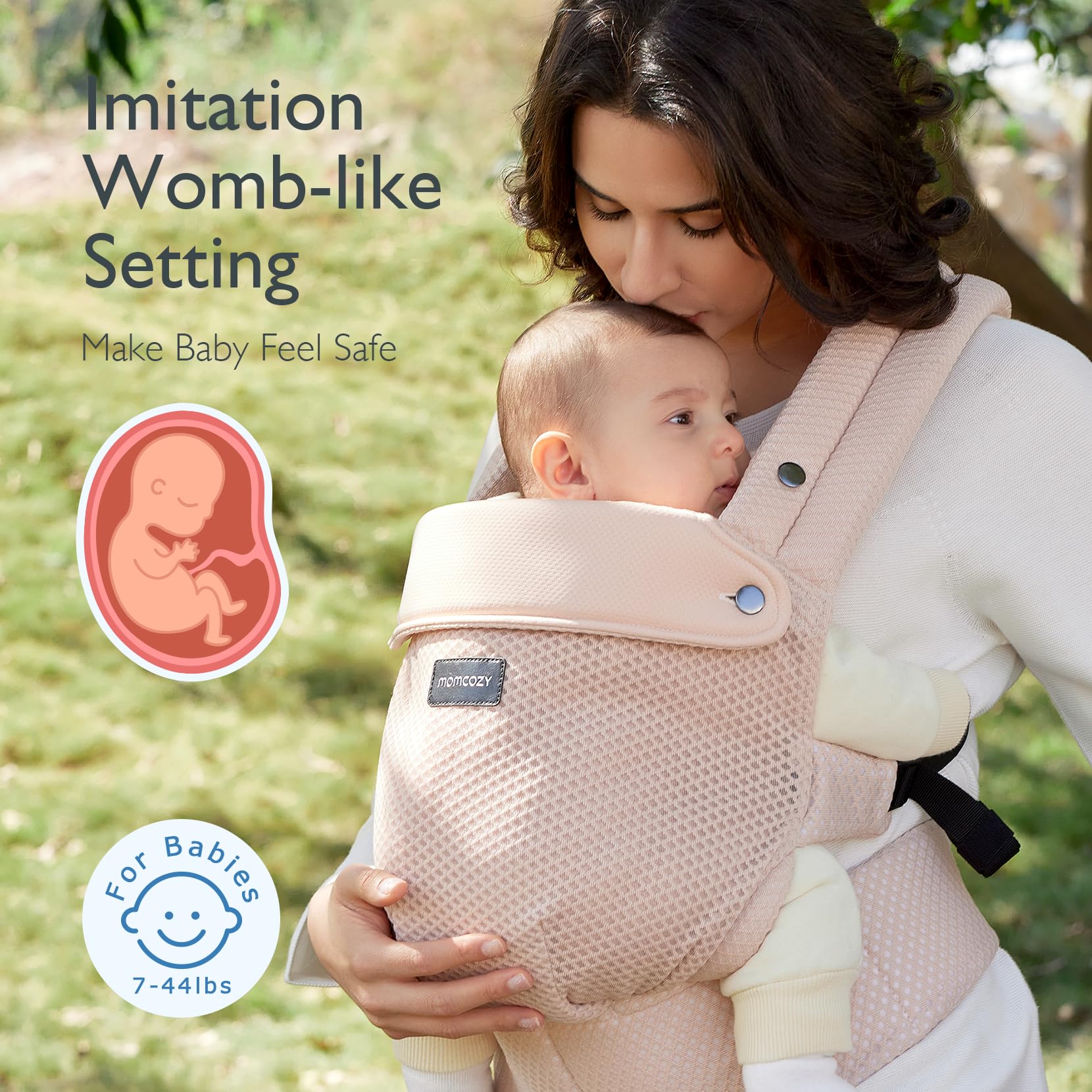 Momcozy breathable mesh baby carrier summer airflow panel keeps wearers dry outdoors.